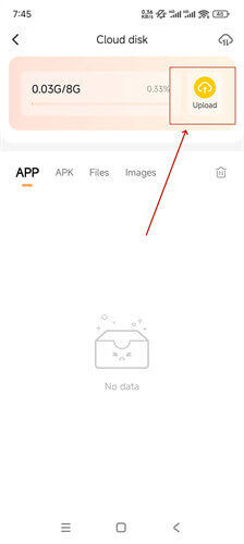 Click Upload to transfer your selected files to the cloud disk - LDCloud Cloud Phone