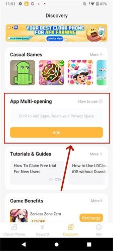 How to Use LDCloud's App Multi-opening Feature: Find App Multi-opening section in Discover page - LDCloud Cloud Phone