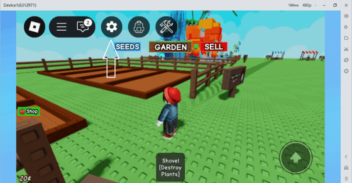 Grow a Garden Roblox gameplay interface with an arrow indicating the settings icon  - LDCloud