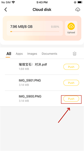 Click Push to transfer the uploaded images or files to cloud phone device - LDCloud Cloud Phone