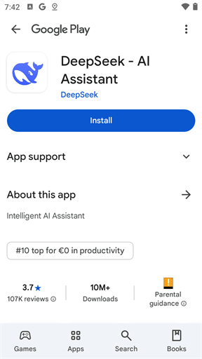 Deepseek app on Google Play Store - LDCloud Cloud Phone Emulator