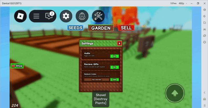 Roblox Grow a Garden code redeem interface - LDCloud