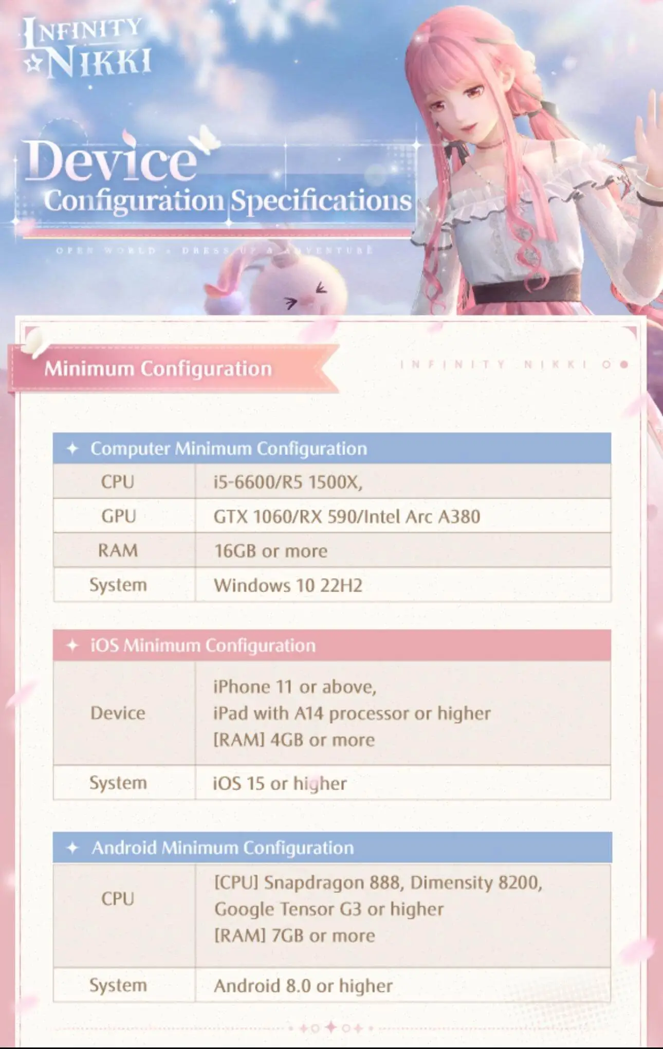 device configuration specifications from infinity nikki official