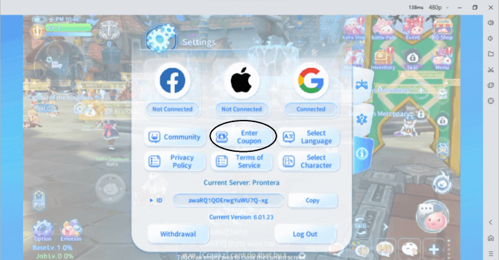 Ragnarok V: Returns settings marked with Enter Coupon marked - LDCloud