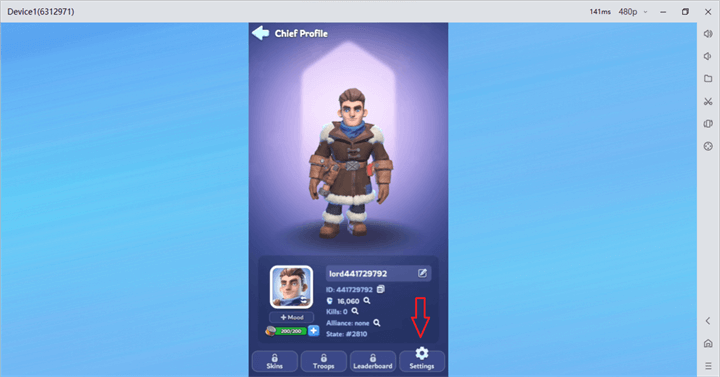 Whiteout Survival player profile with arrow towards setting icon- The 2nd step to redeem Whiteour Survival codes - LDCloud