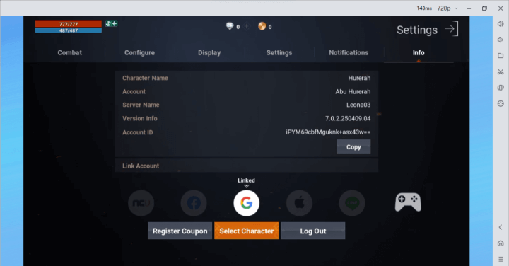 Lineage2M account info option showing the account details, code taskbar, and logout features - LDCloud