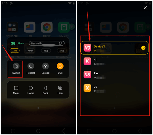 Switch device through floating window - LDCloud Cloud Gaming Emulator