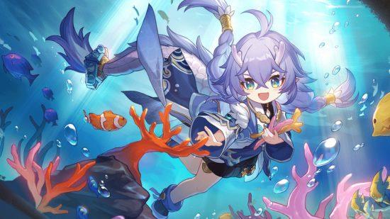 Reliques Honkai Star Rail : Bailu, une petite fille blanche avec des cornes et une longue tresse violette, nageant sous l'océan en ramassant du corail à l'aide de sa queue de dragon.