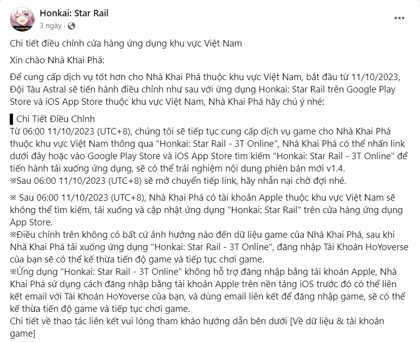 11/10/2023 Honkai: Star Rail Việt Nam sẽ phát hành bởi 3T Online