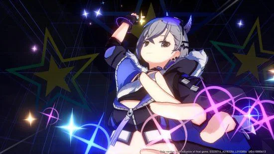 Reliques Honkai Star Rail : Silver Wolf, une femme blanche aux cheveux gris foncé en queue de cheval avec des lunettes violettes sur la tête, activant son ultime en levant la main droite.