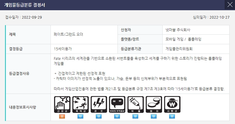 게임위, 페그오 15세 이용가로 등급 분류 결정