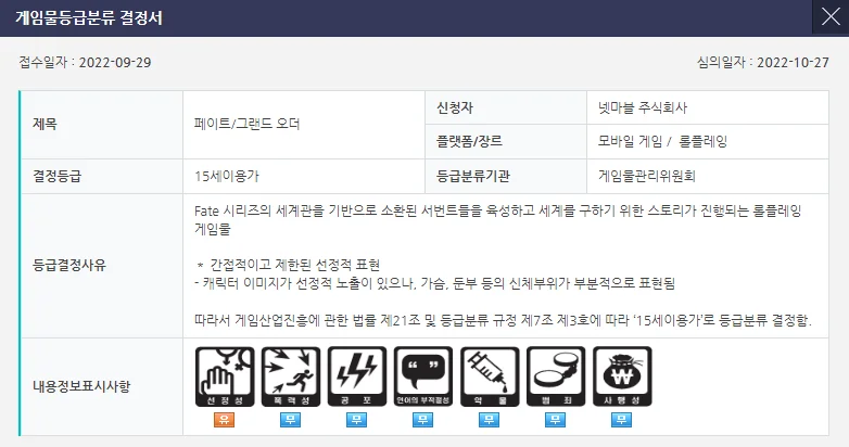 게임위, 페그오 15세 이용가로 등급 분류 결정