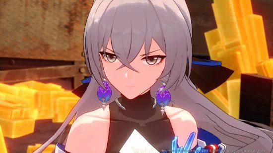 Reliques du Honkai Star Rail : Vronya, une femme blanche aux longs cheveux gris et aux grandes boucles d'oreilles violettes et bleues en forme d'œuf, l'air en colère sur un fond de cristaux jaunes.