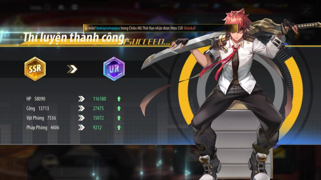 Có thể là hình ảnh về văn bản cho biết 'Thiluyện thành công SSR UR HP 58090 Công 13713 Vặt Phòng 7536 Pháp Phòng 4606 > > >> > 116180 180 27475 15072 9212'