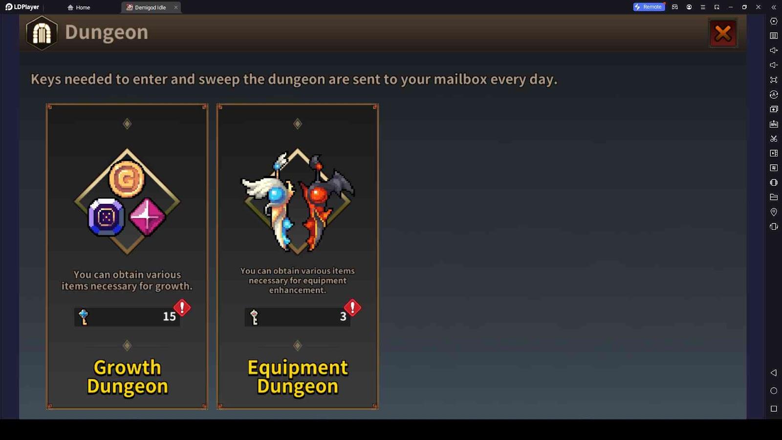 Dungeons in Demigod Idle: Rise of a legend