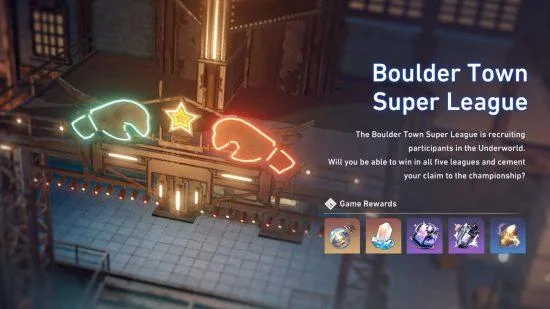 Événements Honkai Star Rail - Écran de l'événement Boulder Town Super League montrant un aperçu de l'événement et des récompenses